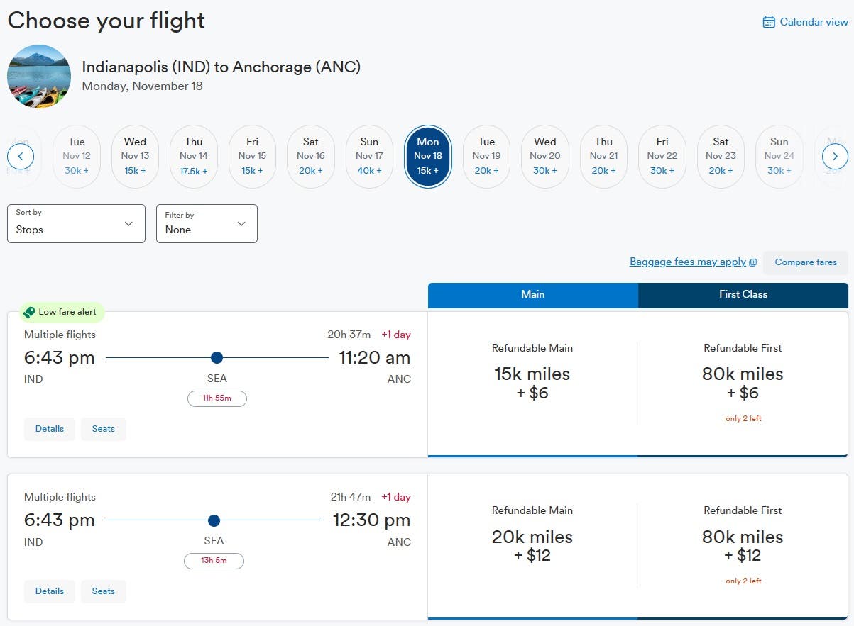 Screenshot of an example flight booking