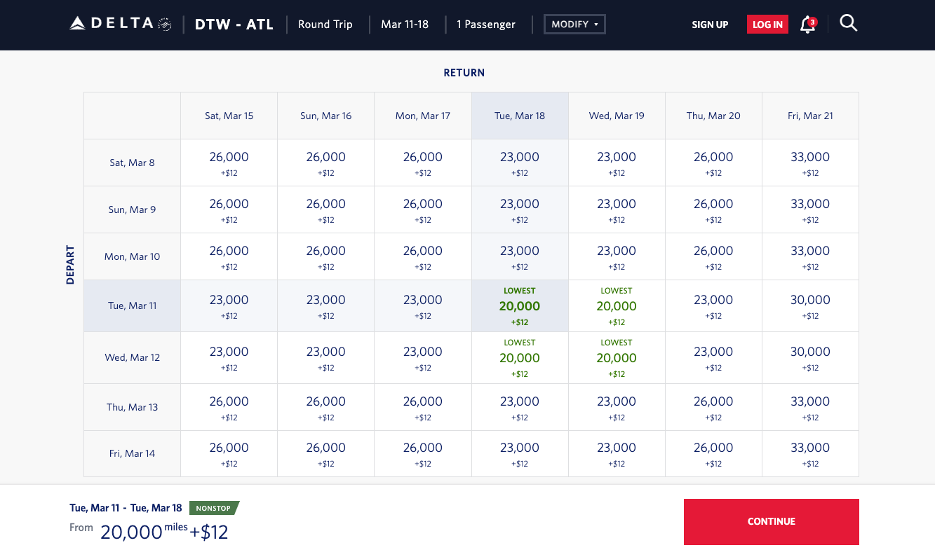 Delta Air Lines price calendar