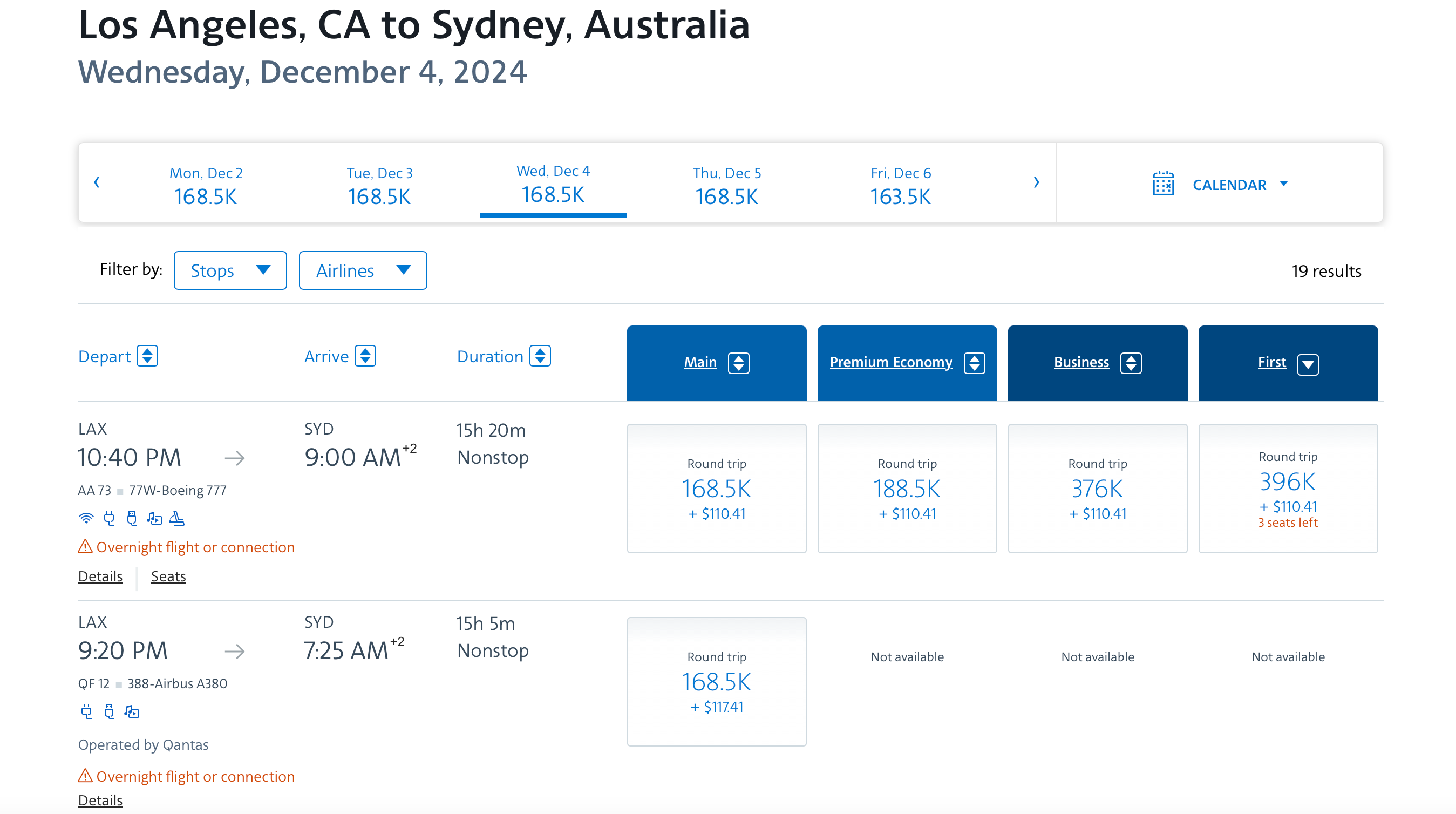 Example of award flight with American Airlines